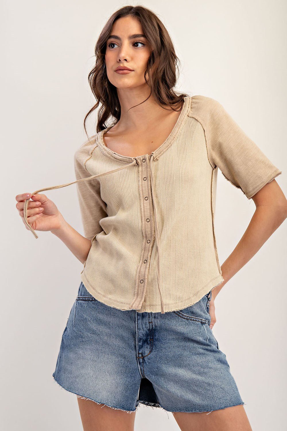 Frayed Raglan Sleeve Drawstring Top