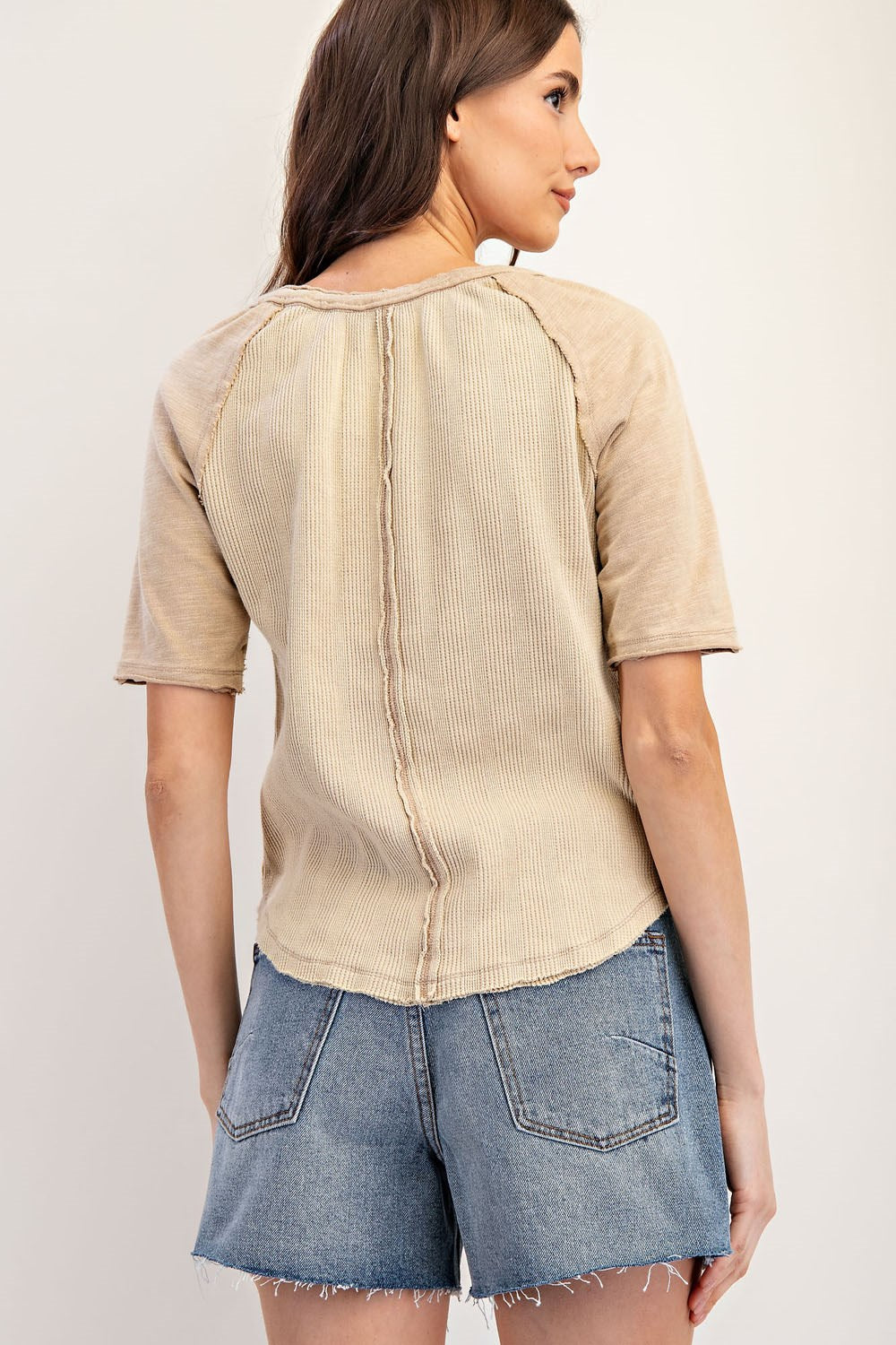 Frayed Raglan Sleeve Drawstring Top