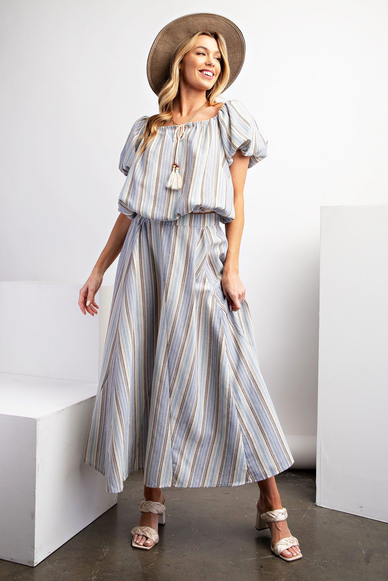 Striped Poly Linen Maxi Skirt