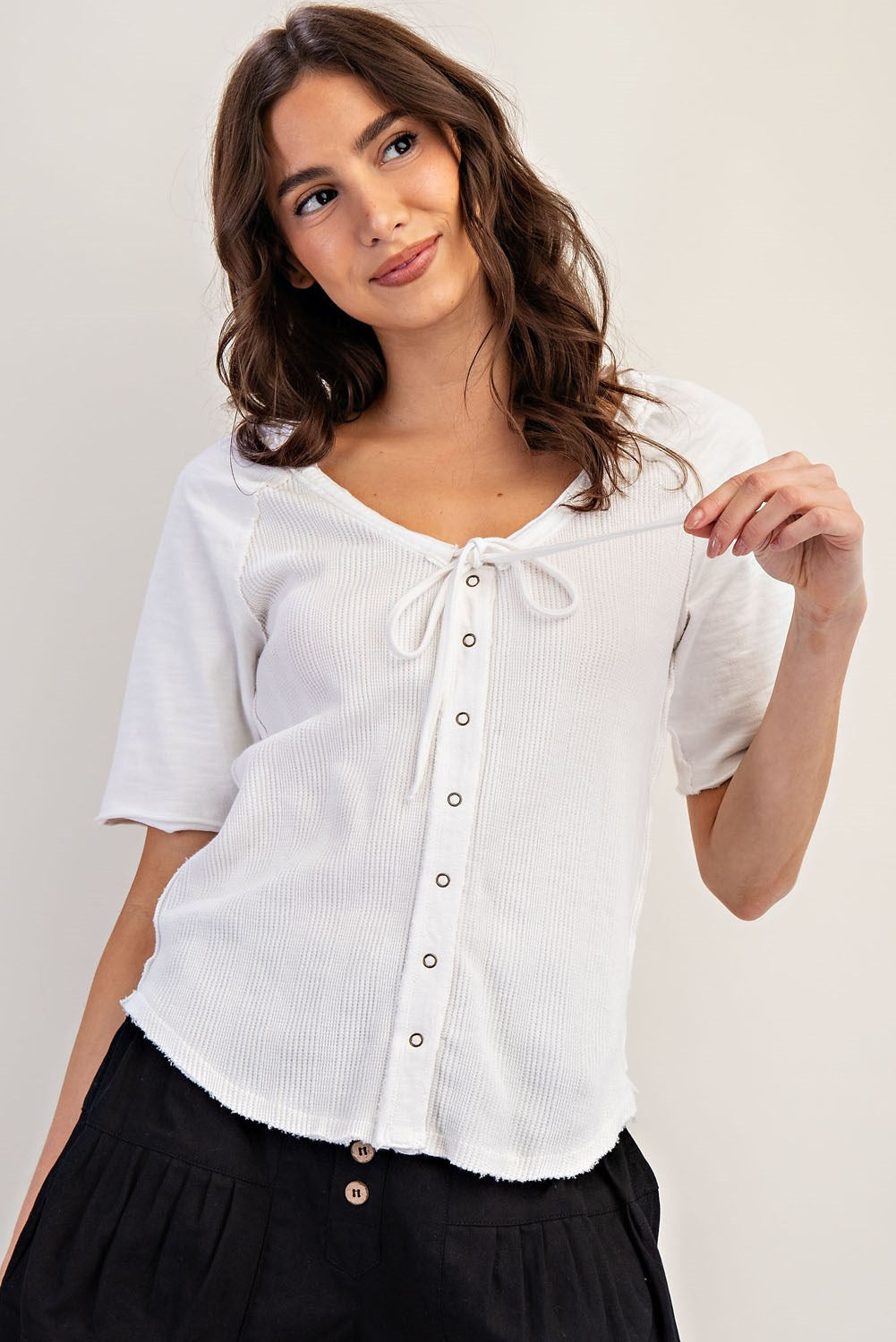 Frayed Raglan Sleeve Drawstring Top