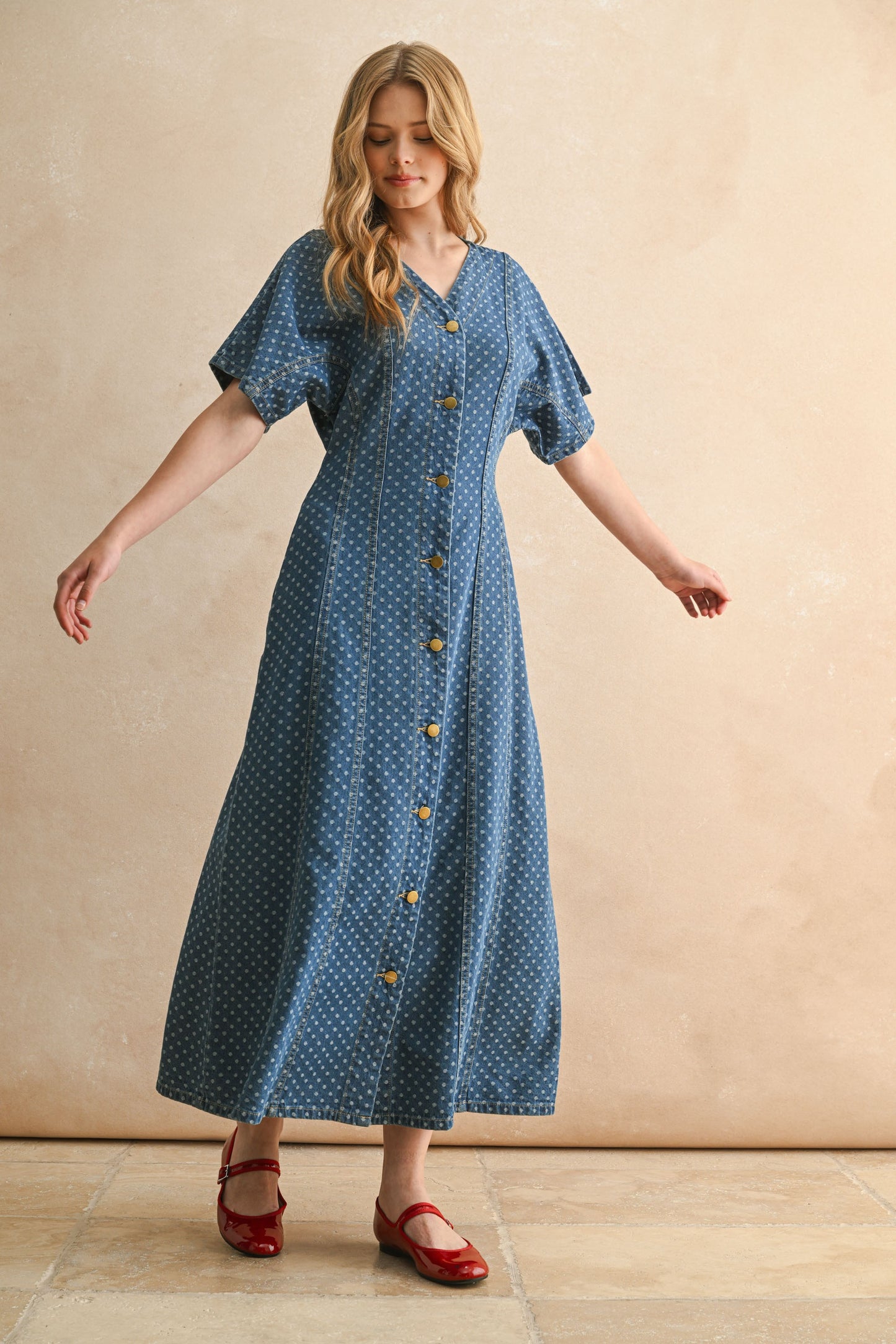 Dot Print Detail Button Front Dress