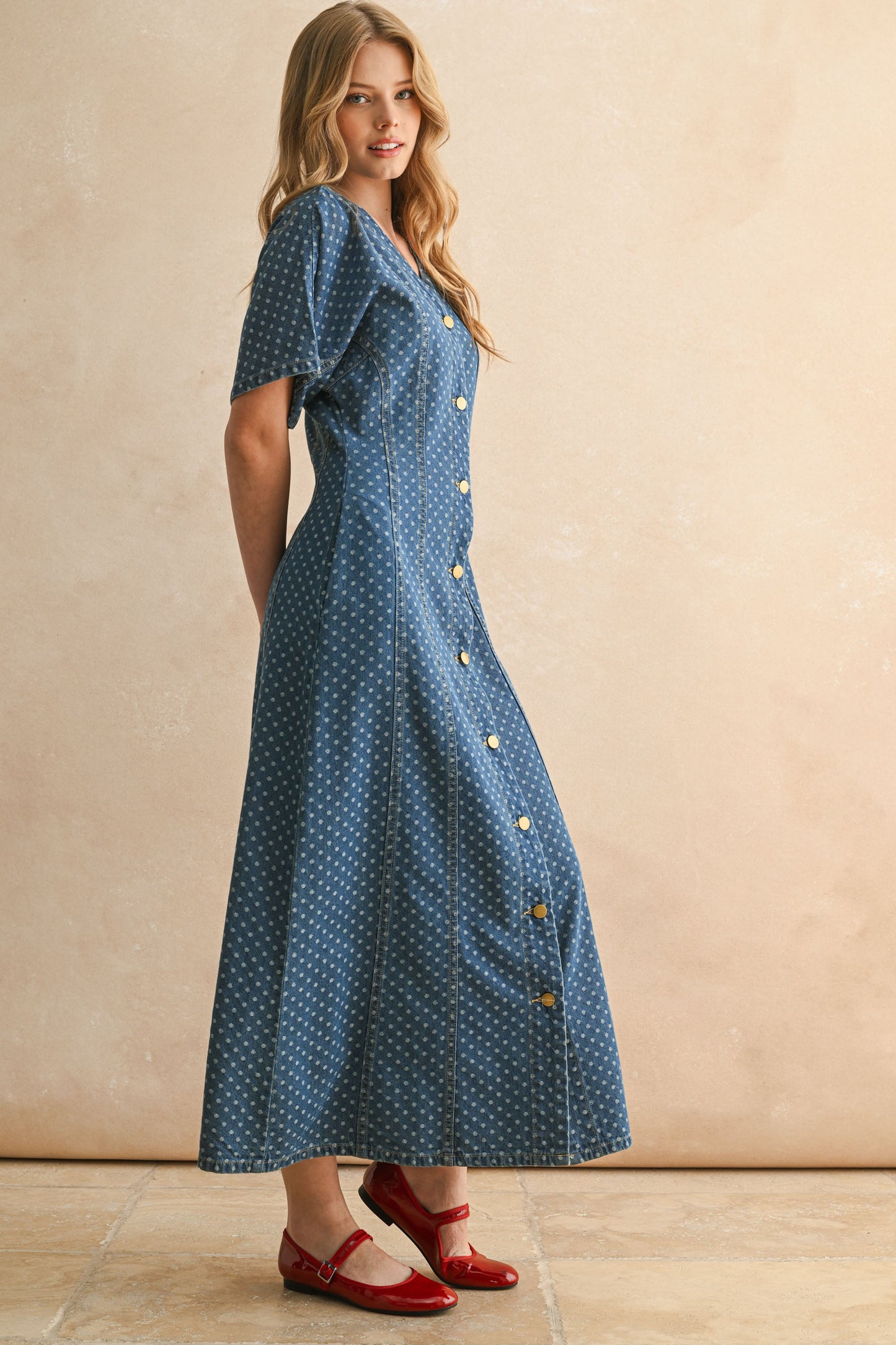Dot Print Detail Button Front Dress