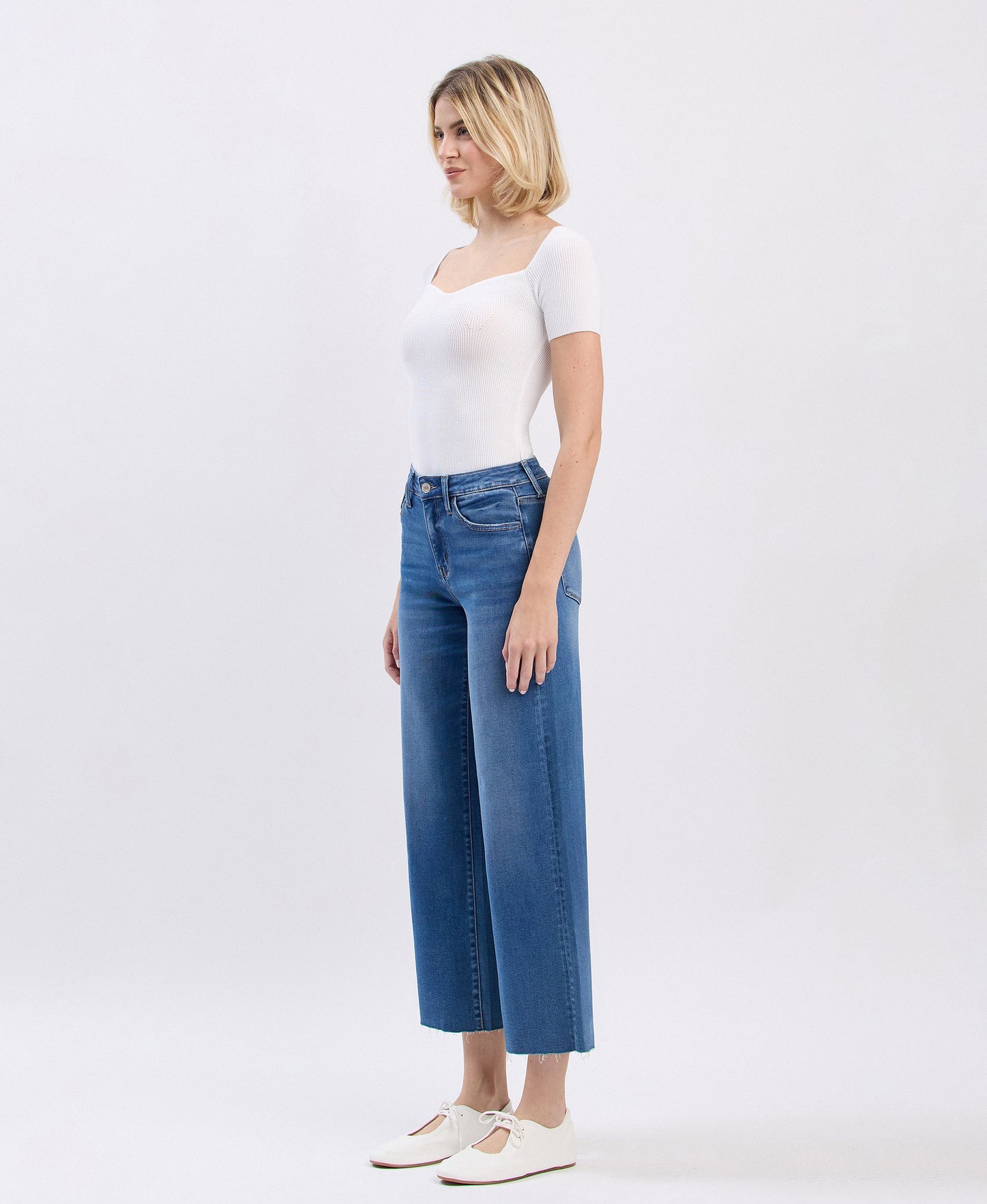 High Rise Clean Cut Raw Hem Crop Slim Wide Jeans