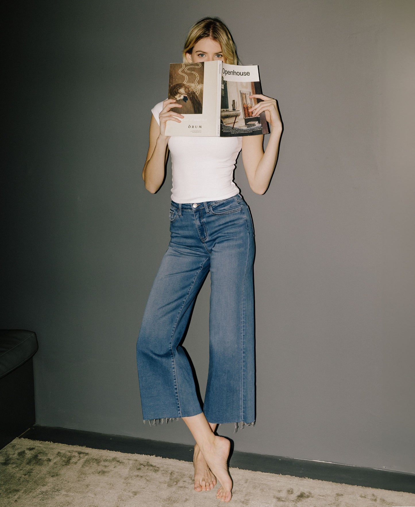 High Rise Clean Cut Raw Hem Crop Slim Wide Jeans