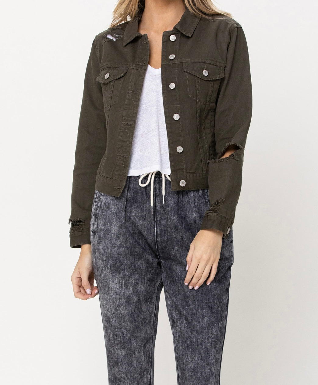 Distressed Olive Classic Fit Denim Jacket