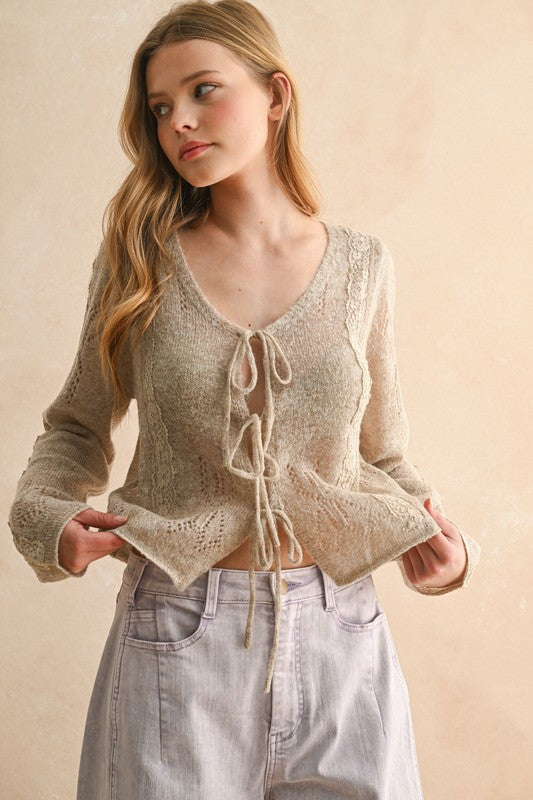 Lace Contrasted Tie Front Knitted Cardigan