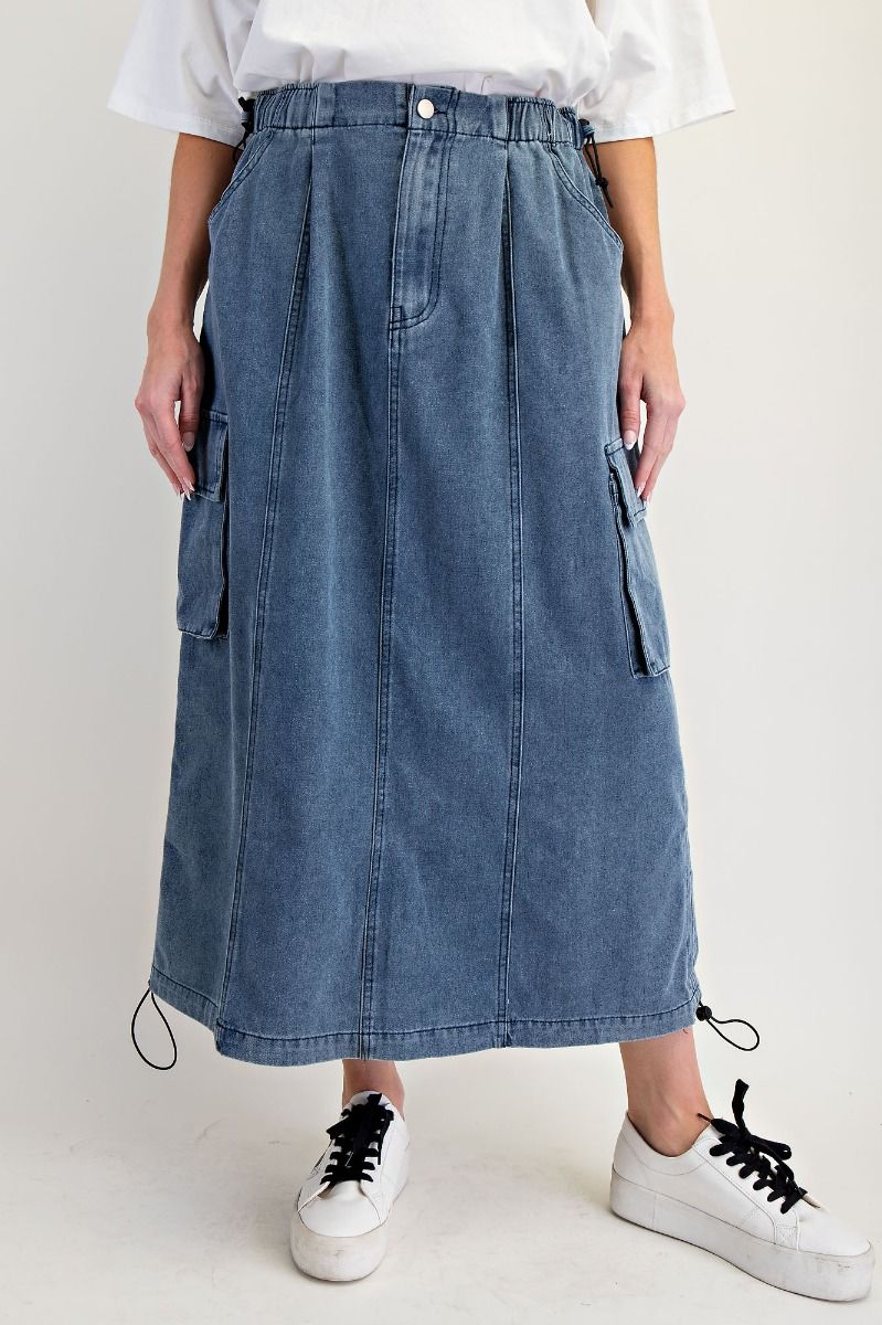 Elastic Wasted Washed Denim Cargo Skirt