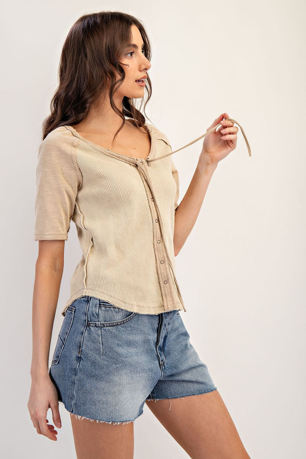 Frayed Raglan Sleeve Drawstring Top
