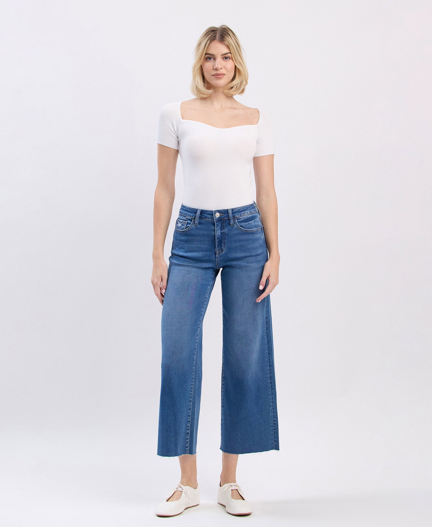 High Rise Clean Cut Raw Hem Crop Slim Wide Jeans
