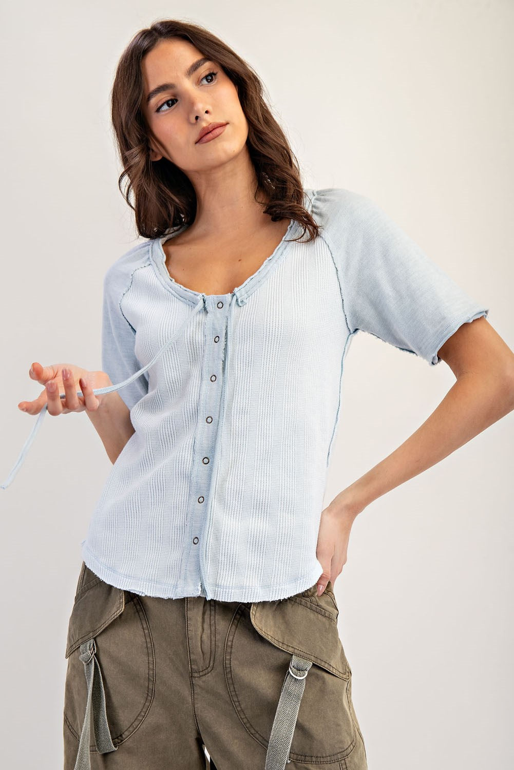 Frayed Raglan Sleeve Drawstring Top