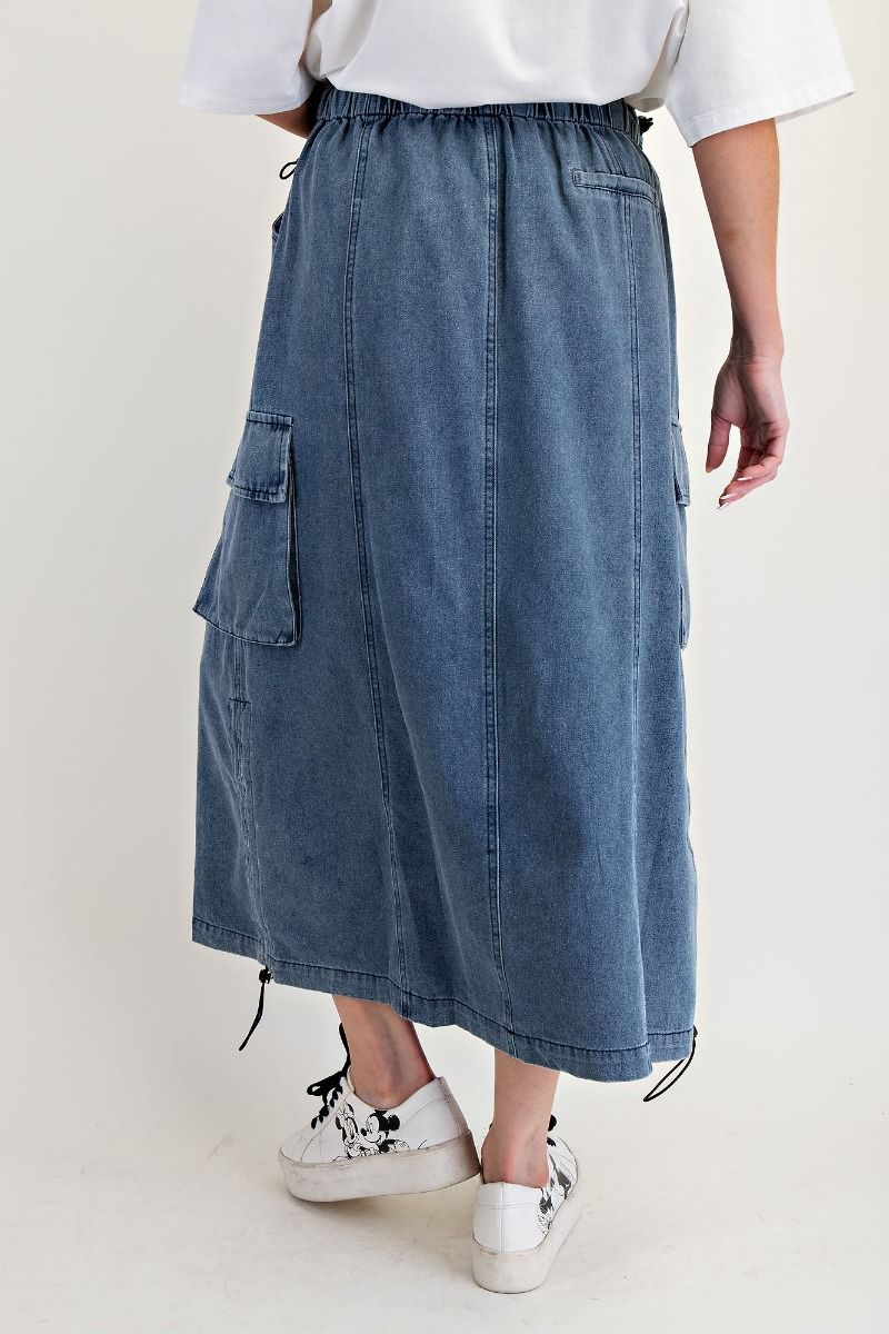 Elastic Wasted Washed Denim Cargo Skirt