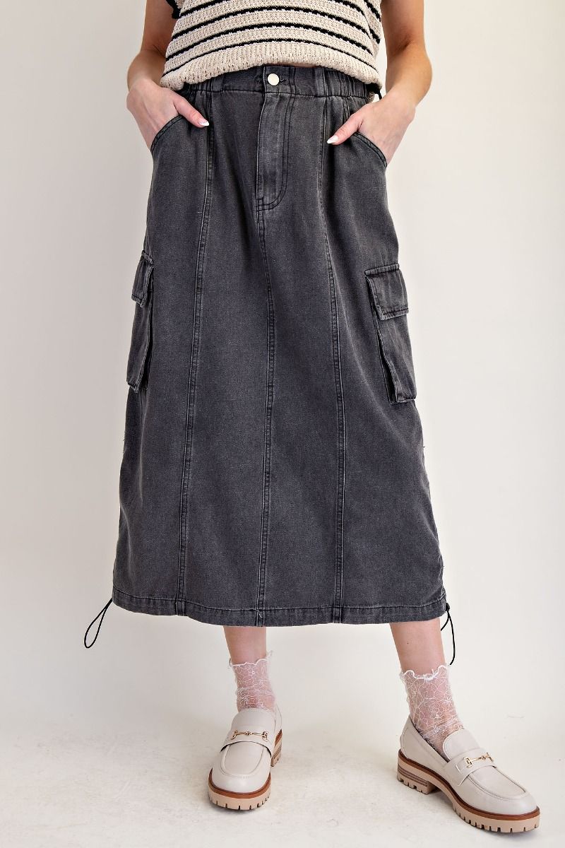 Elastic Wasted Washed Denim Cargo Skirt