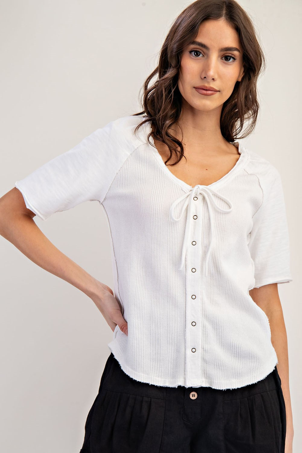 Frayed Raglan Sleeve Drawstring Top