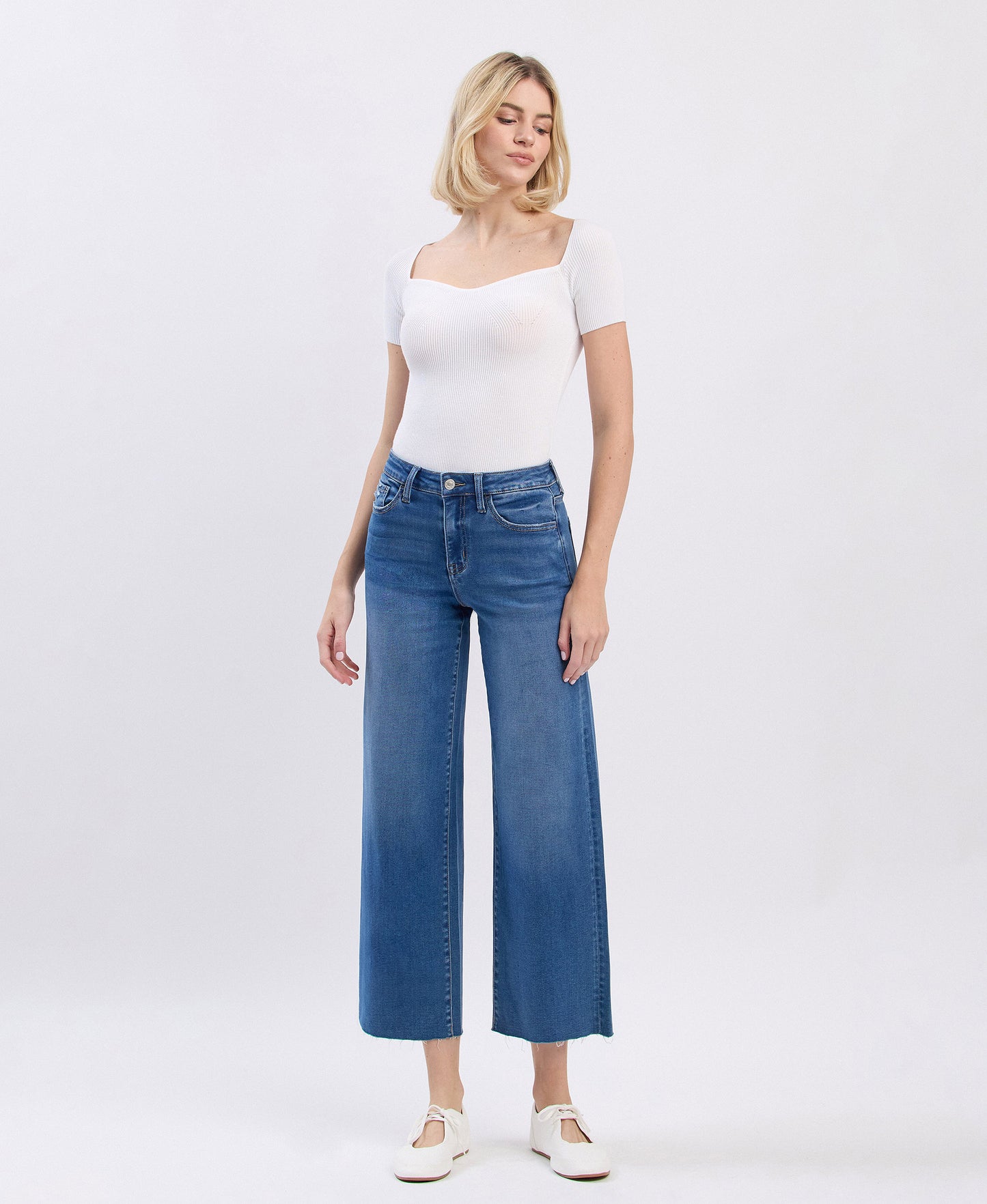 High Rise Clean Cut Raw Hem Crop Slim Wide Jeans