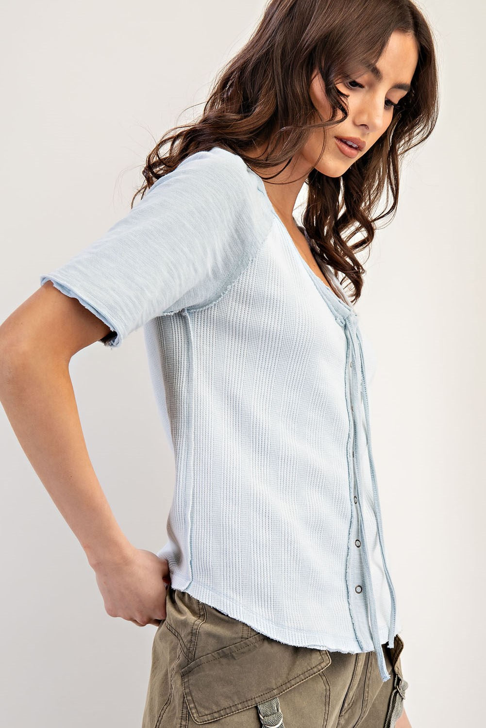 Frayed Raglan Sleeve Drawstring Top