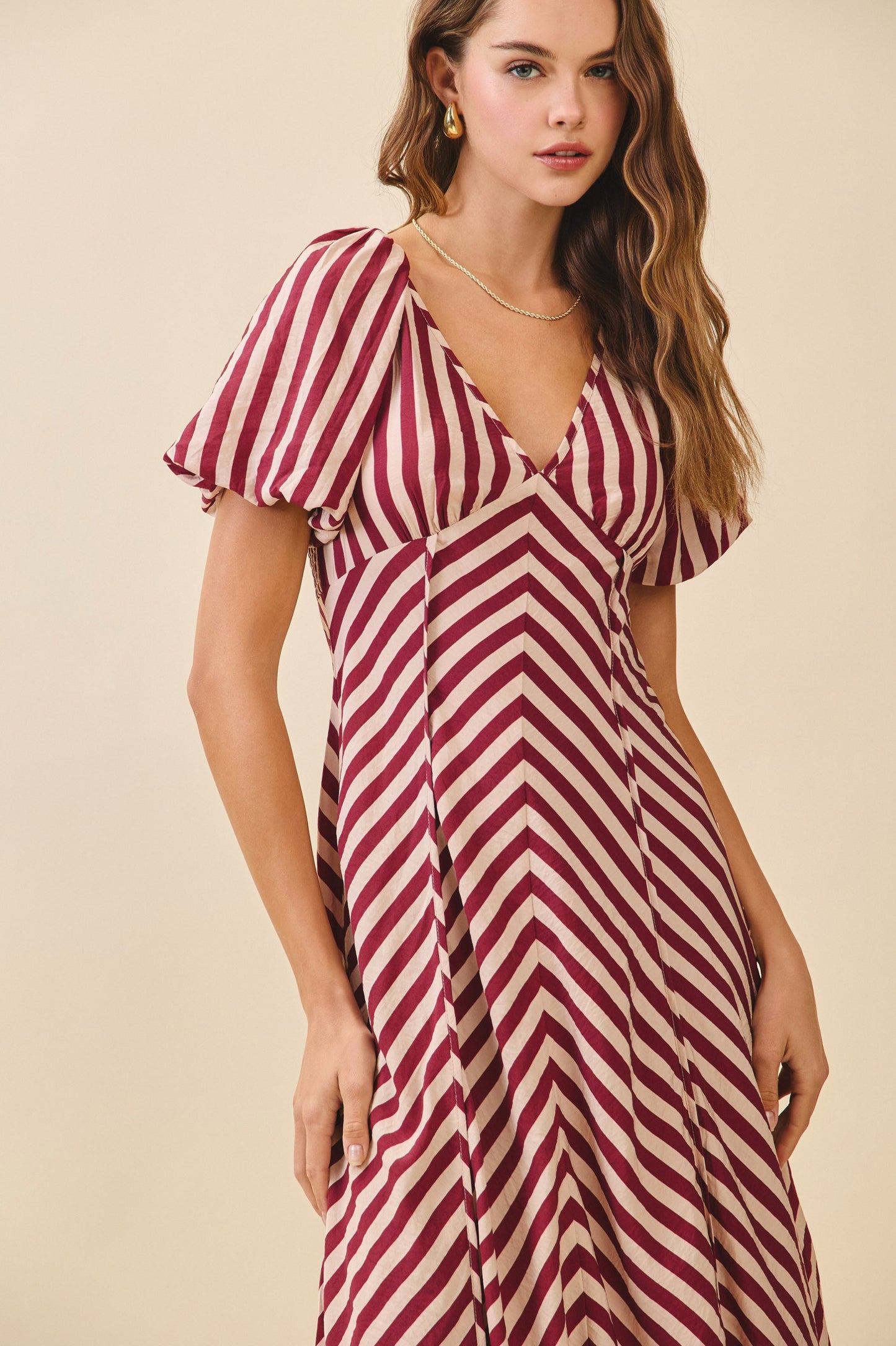 Striped Smocked Bodice V Neck Midi Dress