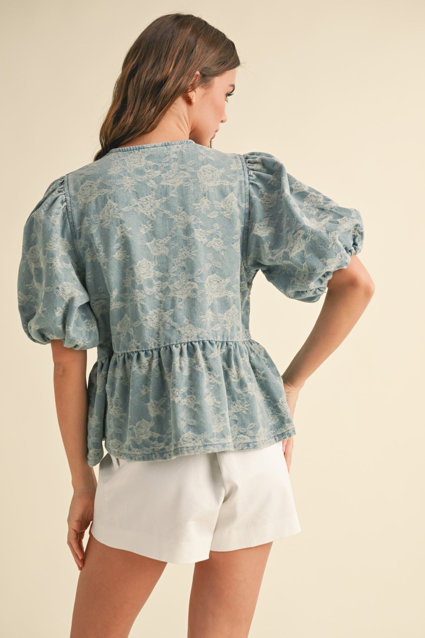 Denim Jacquard Bow Front Blouse