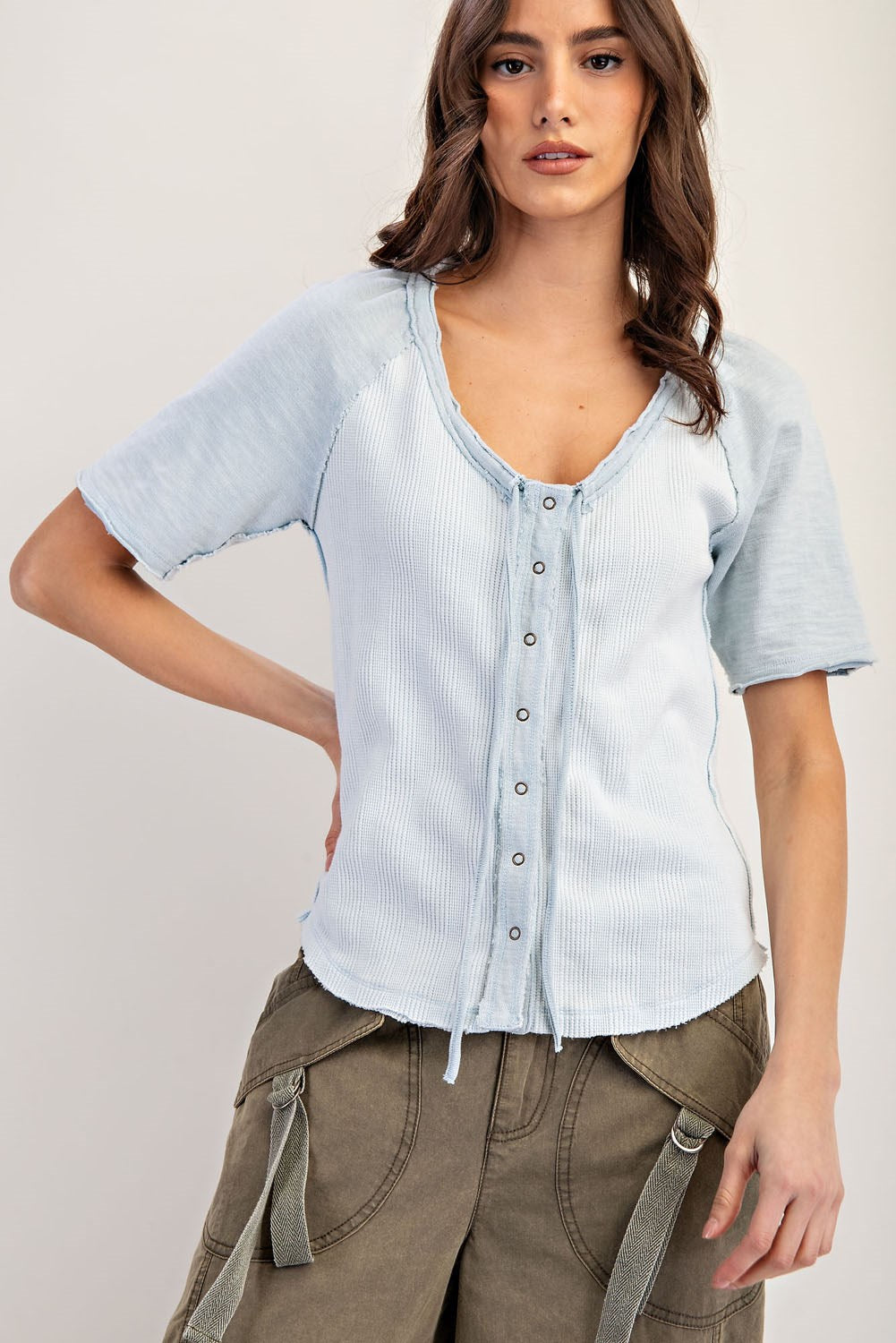 Frayed Raglan Sleeve Drawstring Top