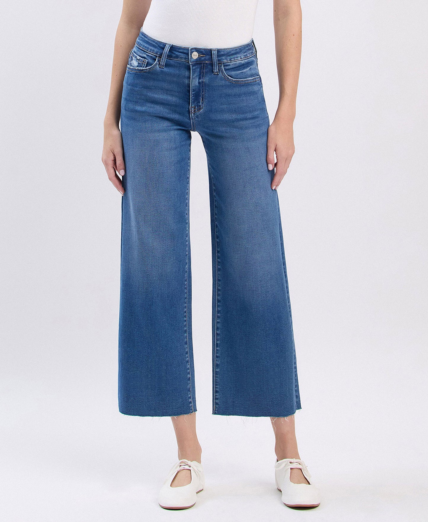 High Rise Clean Cut Raw Hem Crop Slim Wide Jeans