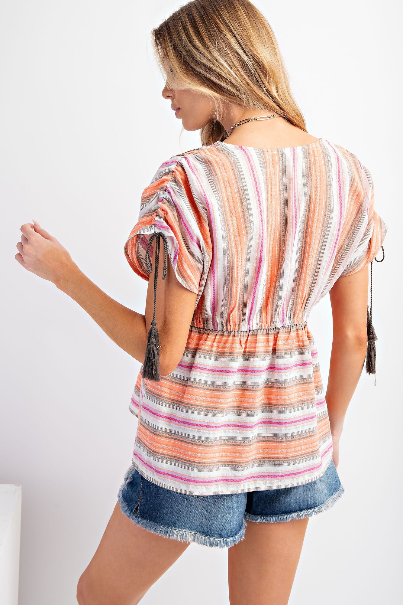 Striped Poly Linen Peplum Top