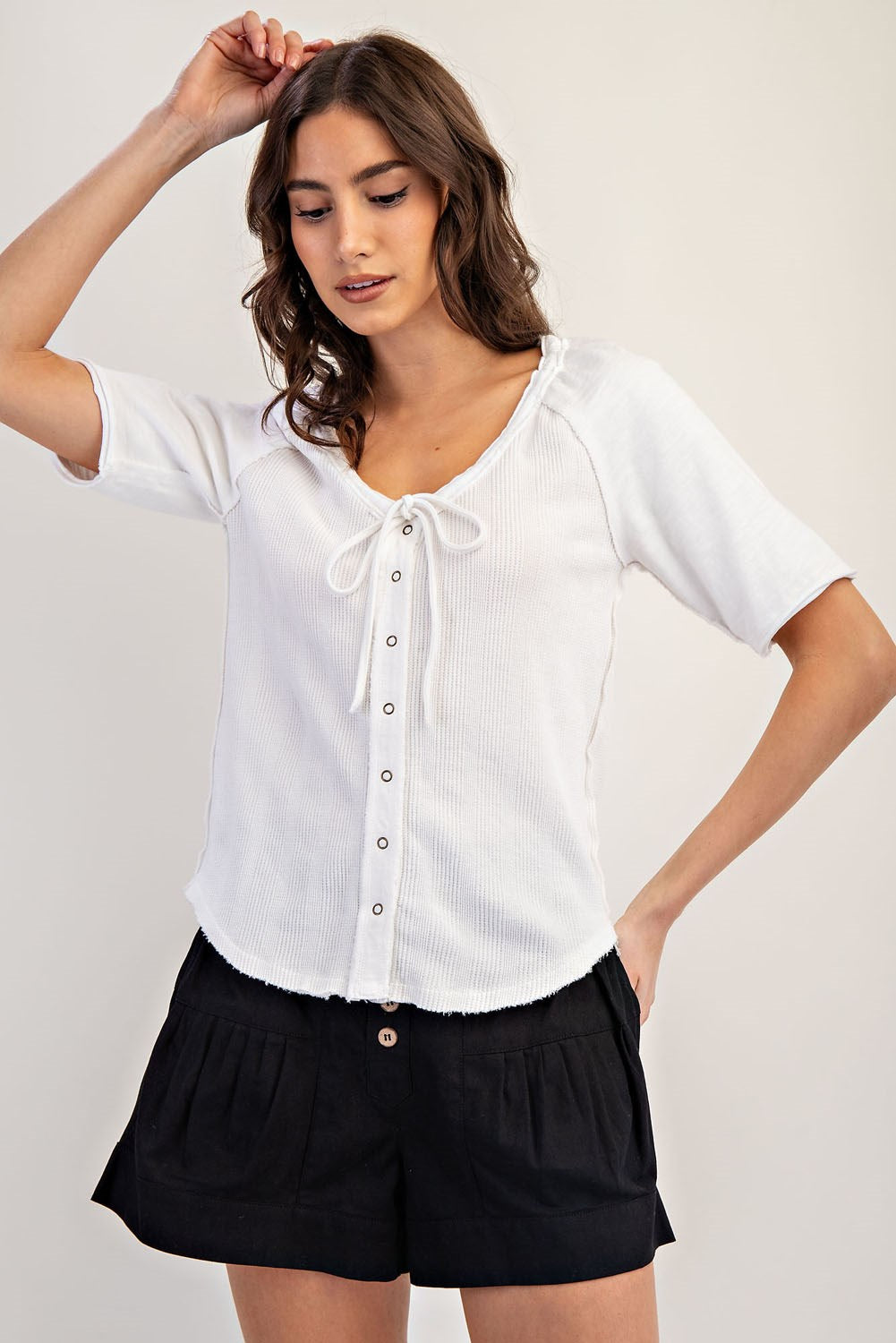Frayed Raglan Sleeve Drawstring Top