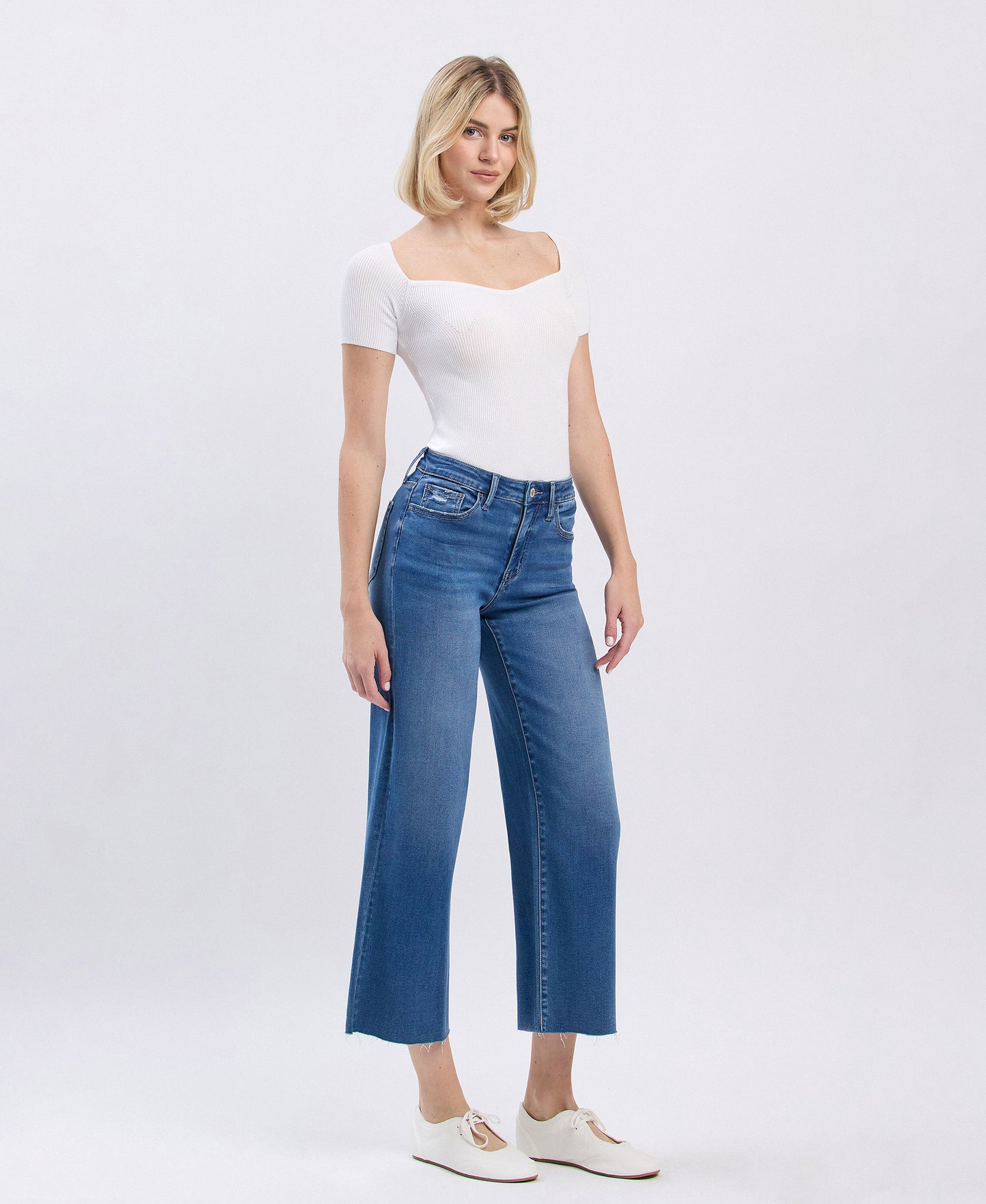 High Rise Clean Cut Raw Hem Crop Slim Wide Jeans