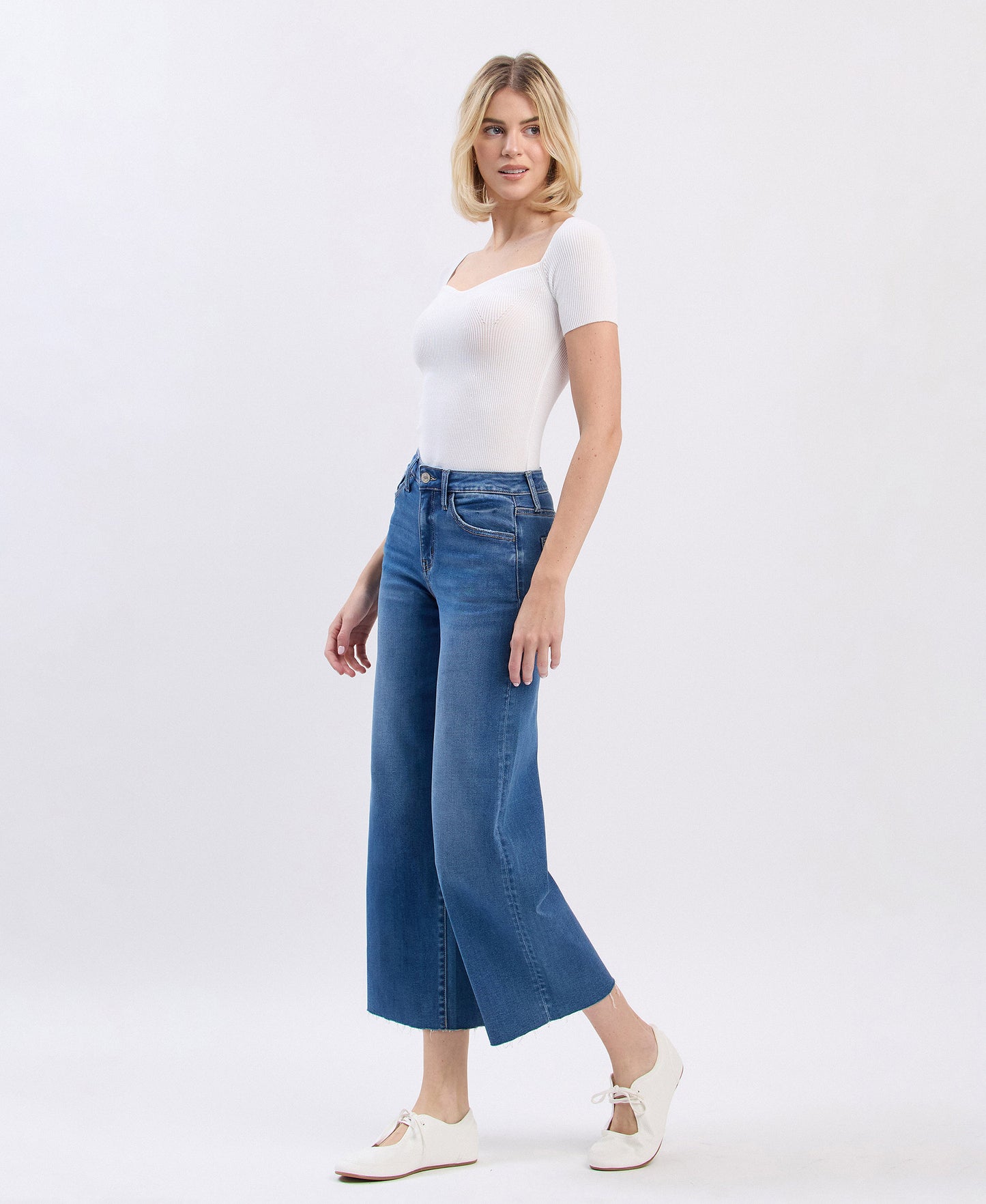 High Rise Clean Cut Raw Hem Crop Slim Wide Jeans
