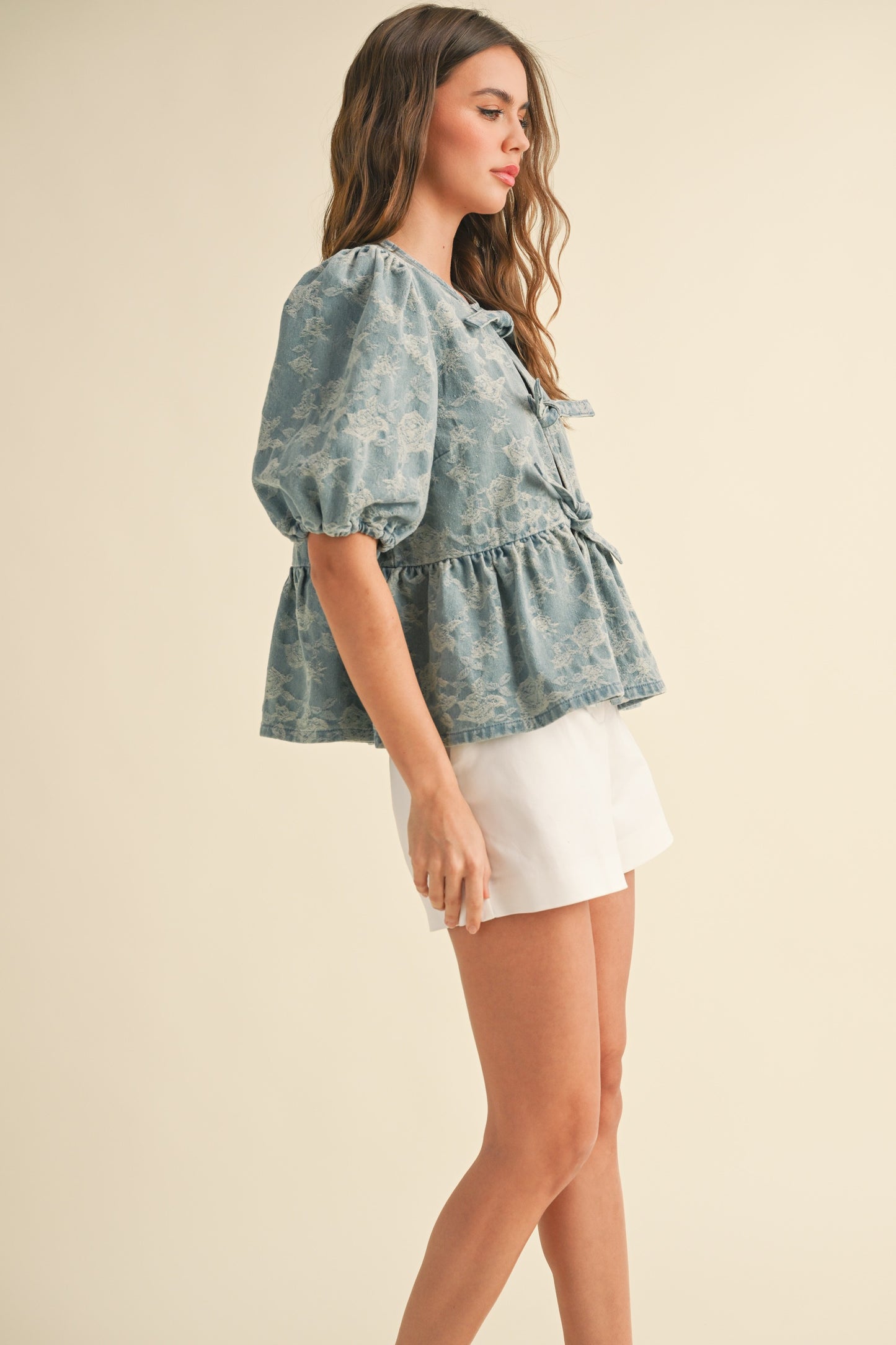 Denim Jacquard Bow Front Blouse