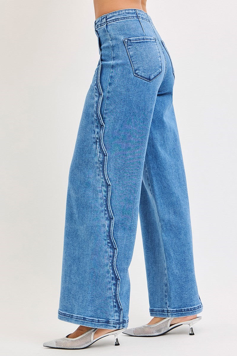 High Rise Wide Leg Jeans with Scalloped Edge Detail