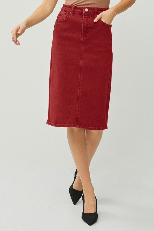High Rise Back Slit Midi Skirt