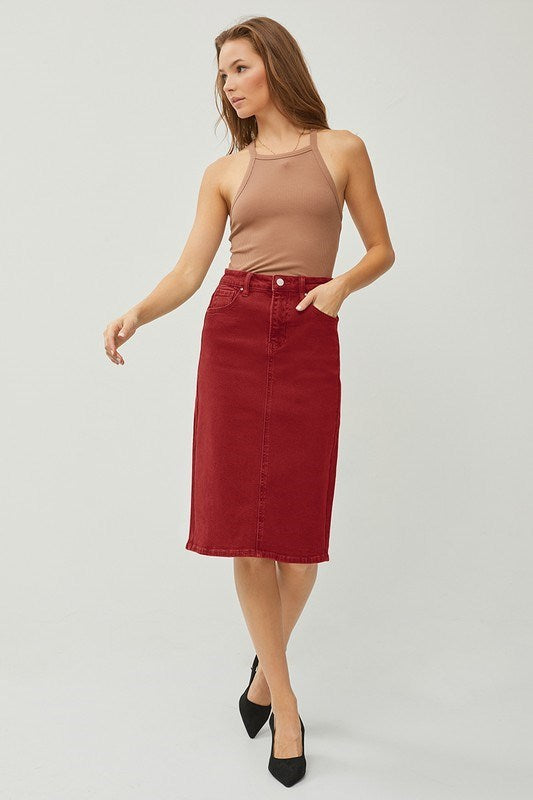 High Rise Back Slit Midi Skirt