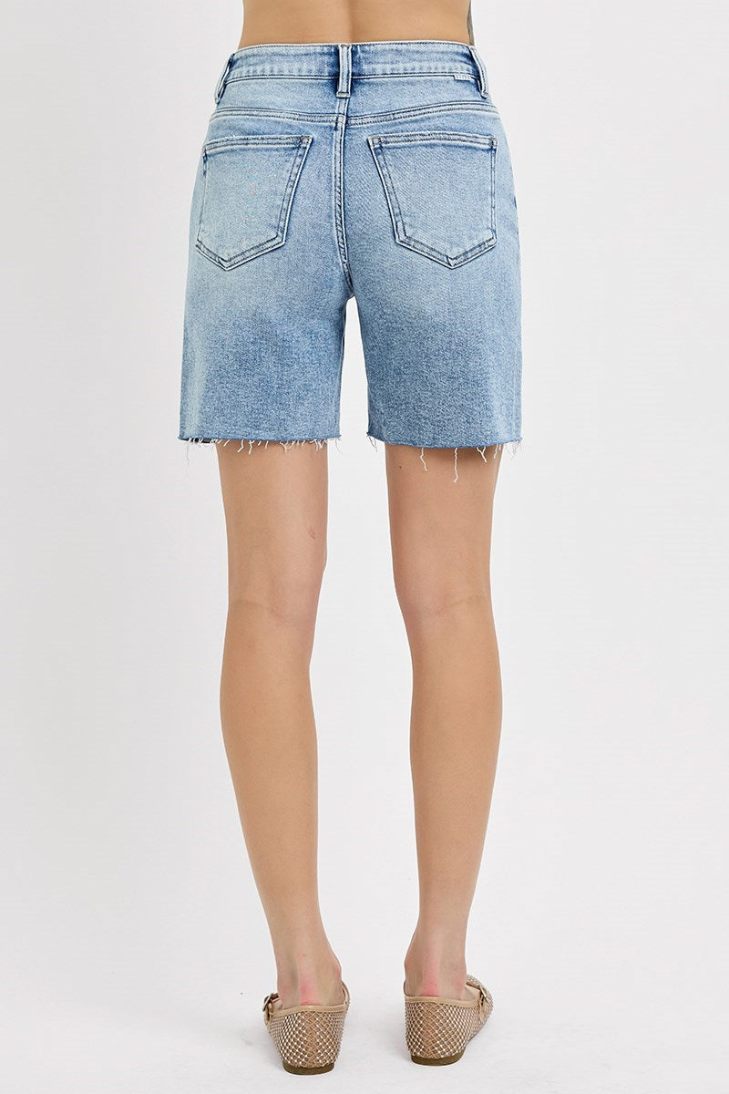 Tummy Control High Rise Mid Length Raw Cut Hem Shorts