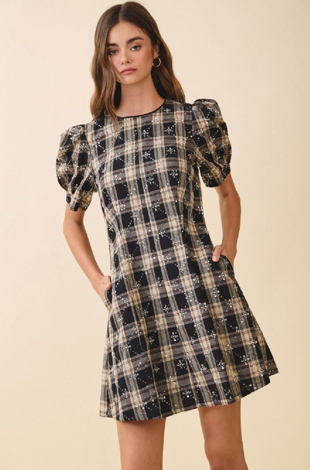 Short Sleeve Mini Dress Plaid & Sequins