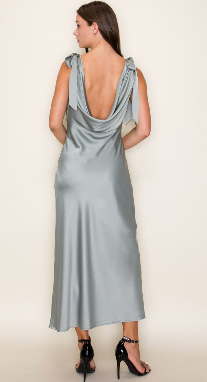 Solid Satin Cowl Back Sleeveless Bow Midi Dress