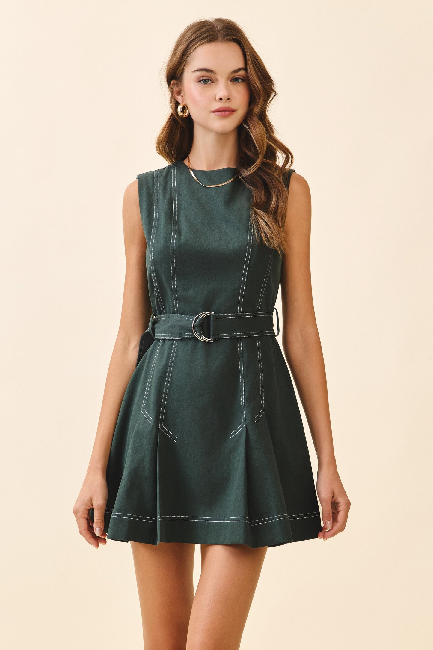 Contrast Topstitching Front Pleats Detail Dress