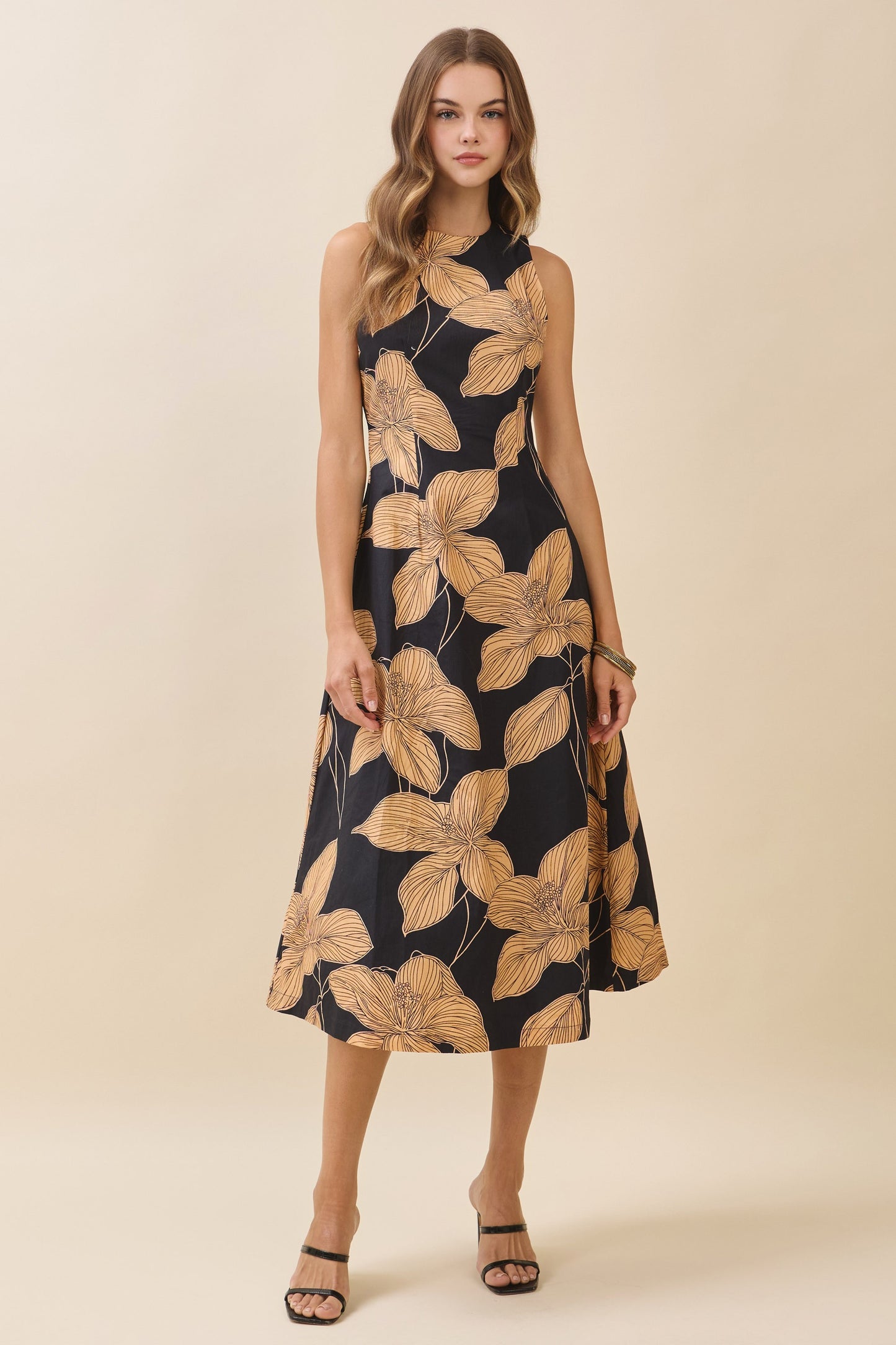 Bold Floral Print High Crew Neck Midi Dress