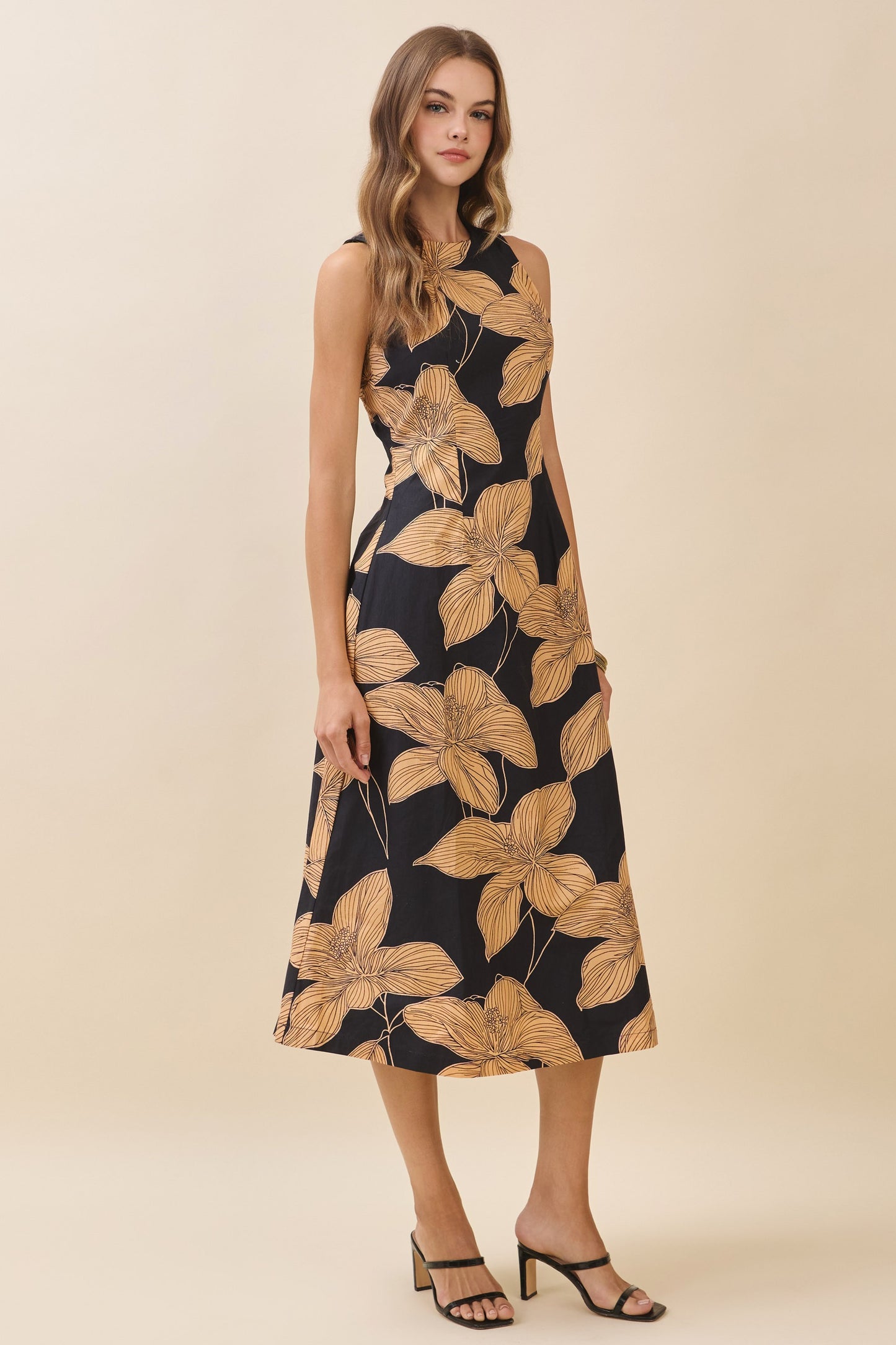 Bold Floral Print High Crew Neck Midi Dress