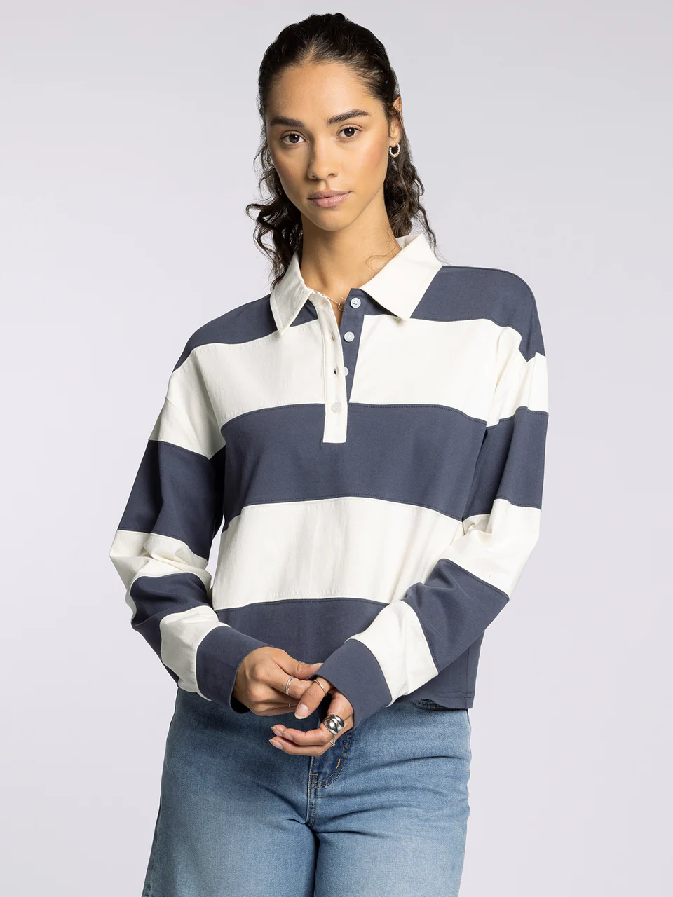 Delta Long Sleeve Rugby Polo – Navy & Cream