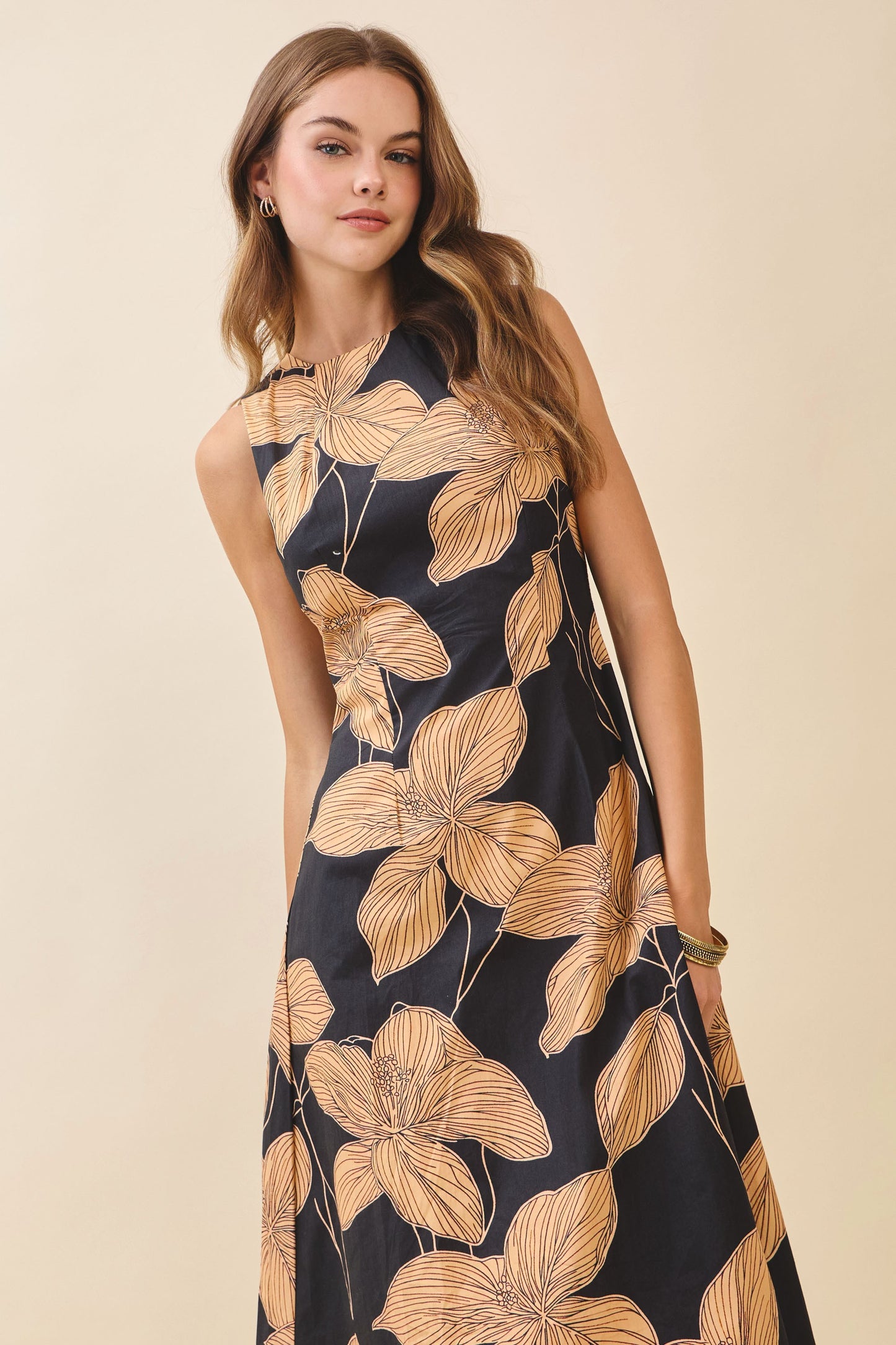 Bold Floral Print High Crew Neck Midi Dress