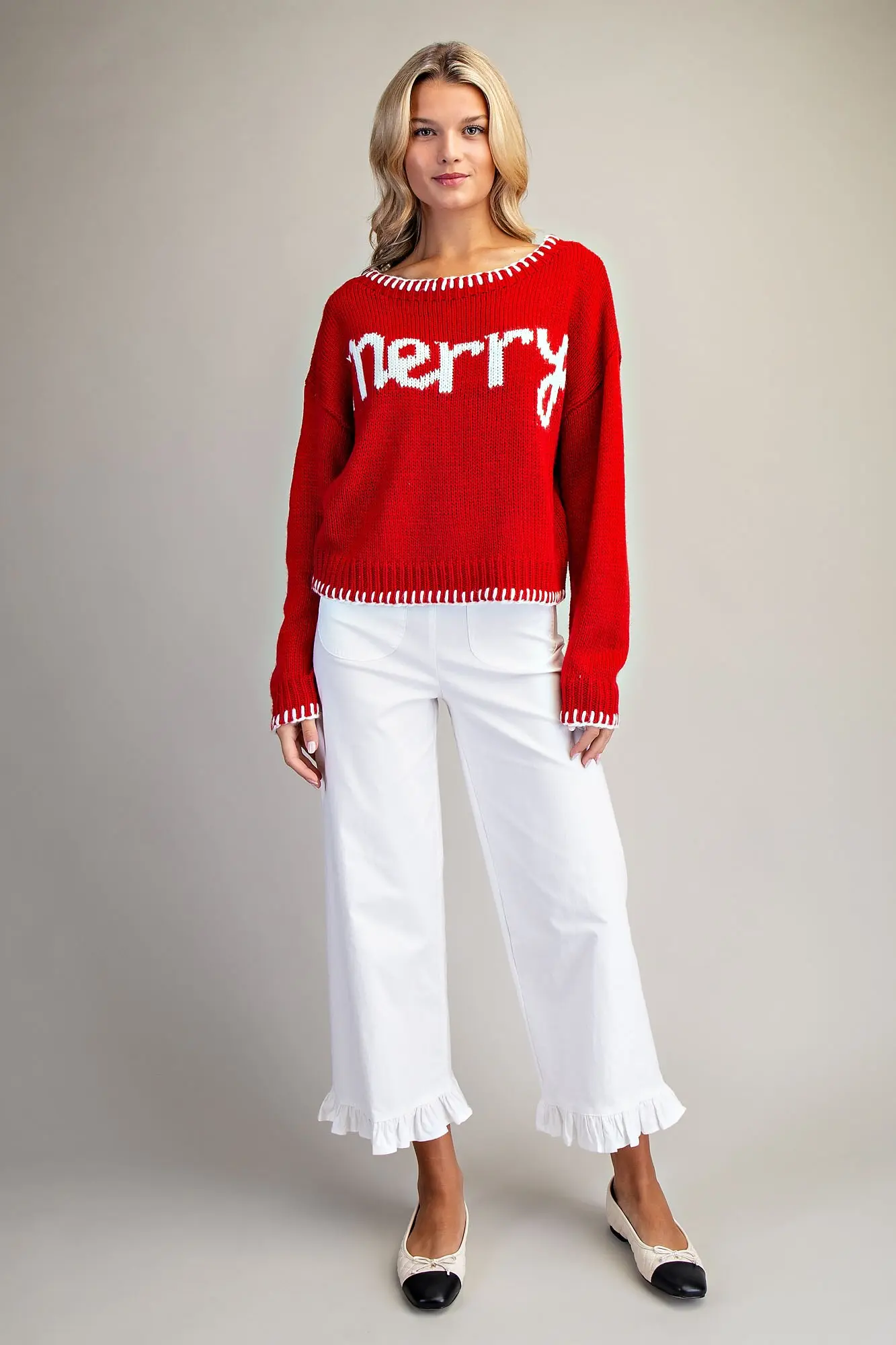 Merry Contrast Whipstitch Long Sleeve Sweater