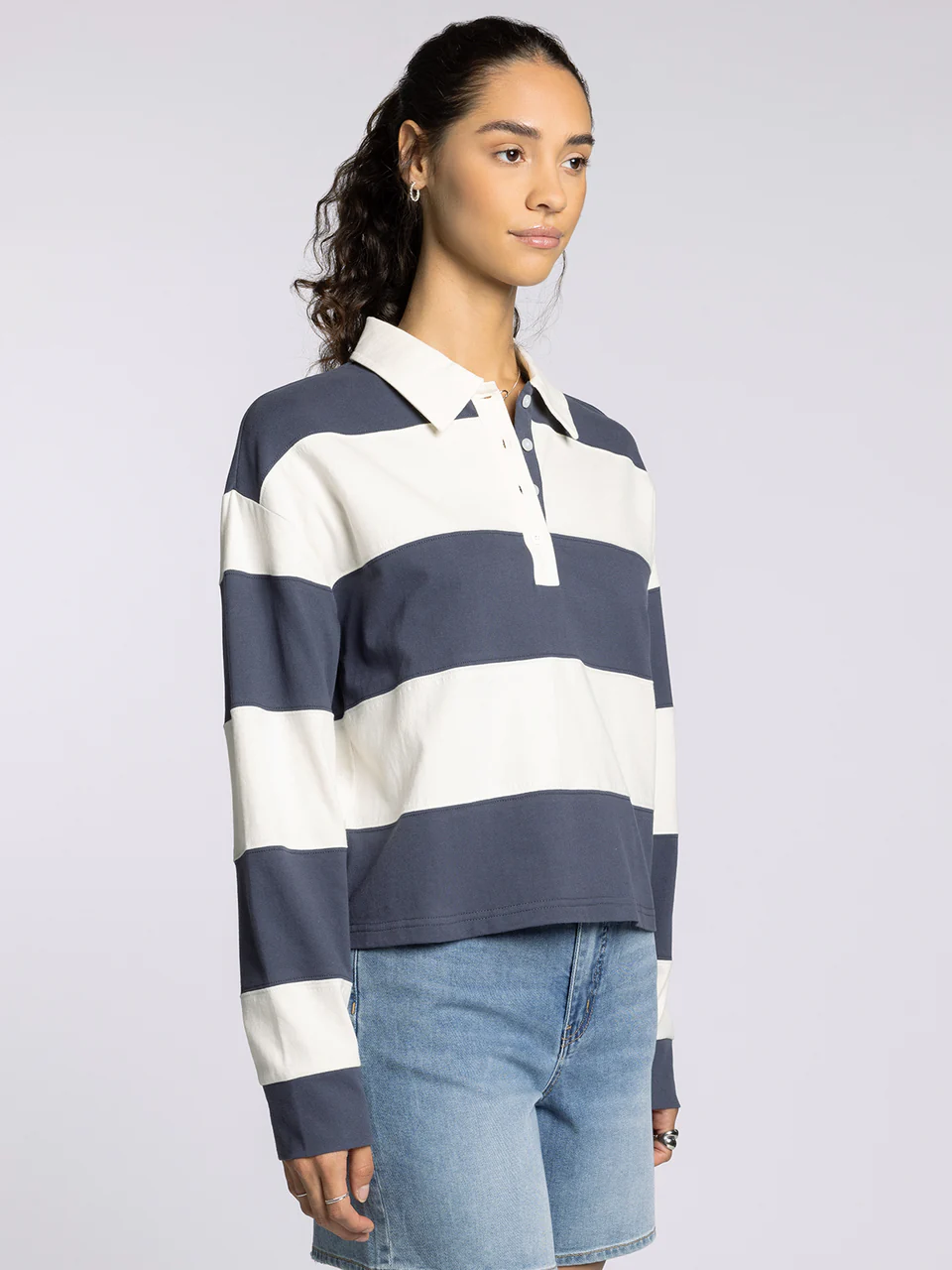 Delta Long Sleeve Rugby Polo – Navy & Cream