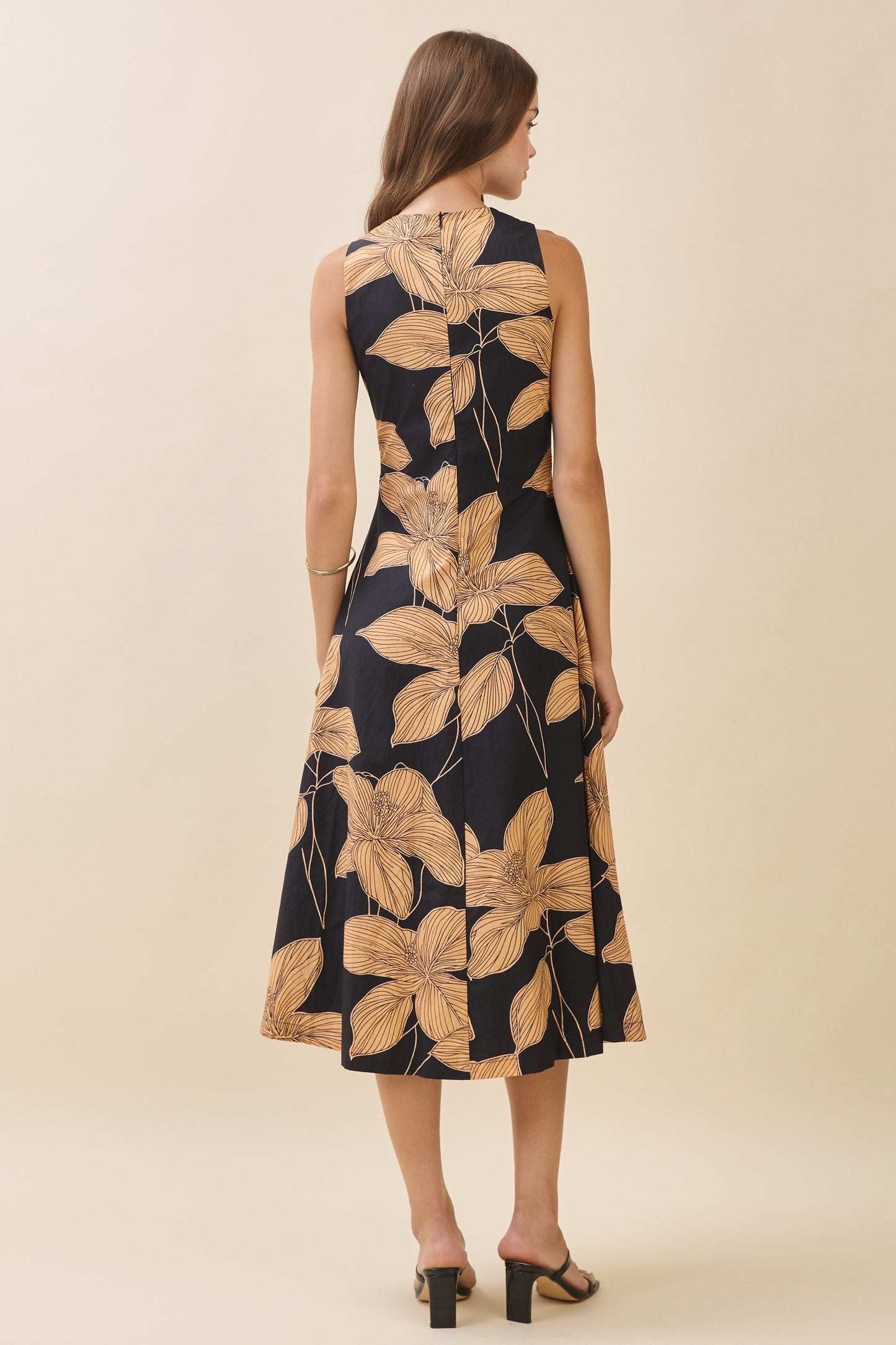 Bold Floral Print High Crew Neck Midi Dress