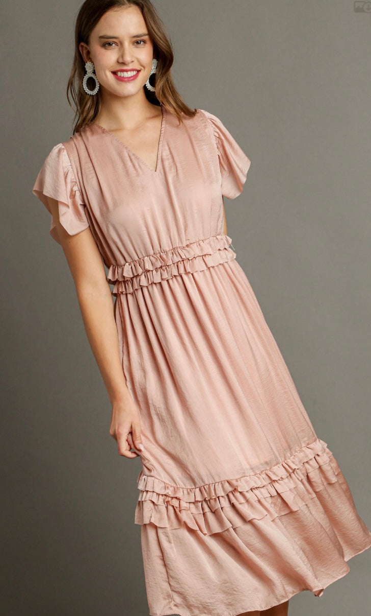 V-Neck Ruffle Trim Maxi Dress with Pleated Details