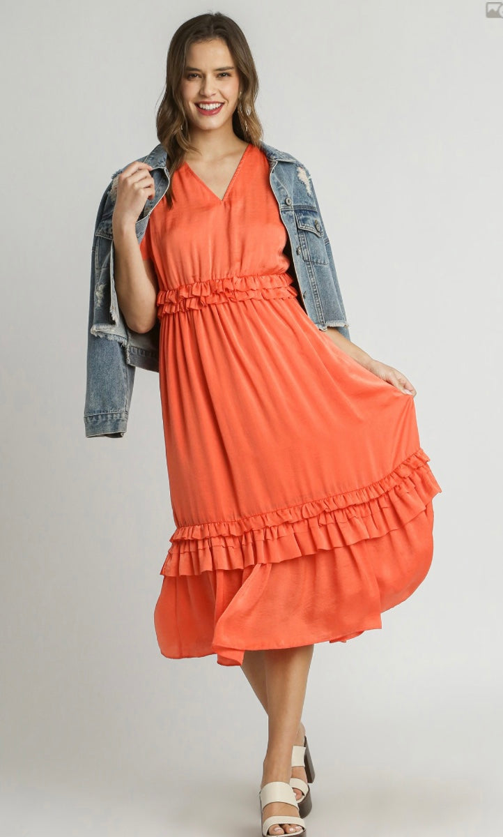 V-Neck Ruffle Trim Maxi Dress with Pleated Details