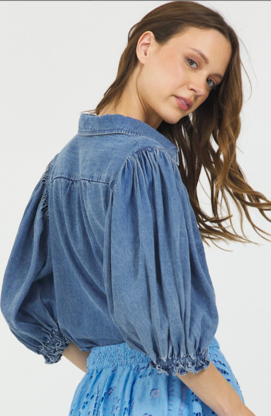 Denim Puff Sleeve Buttondown Shirt