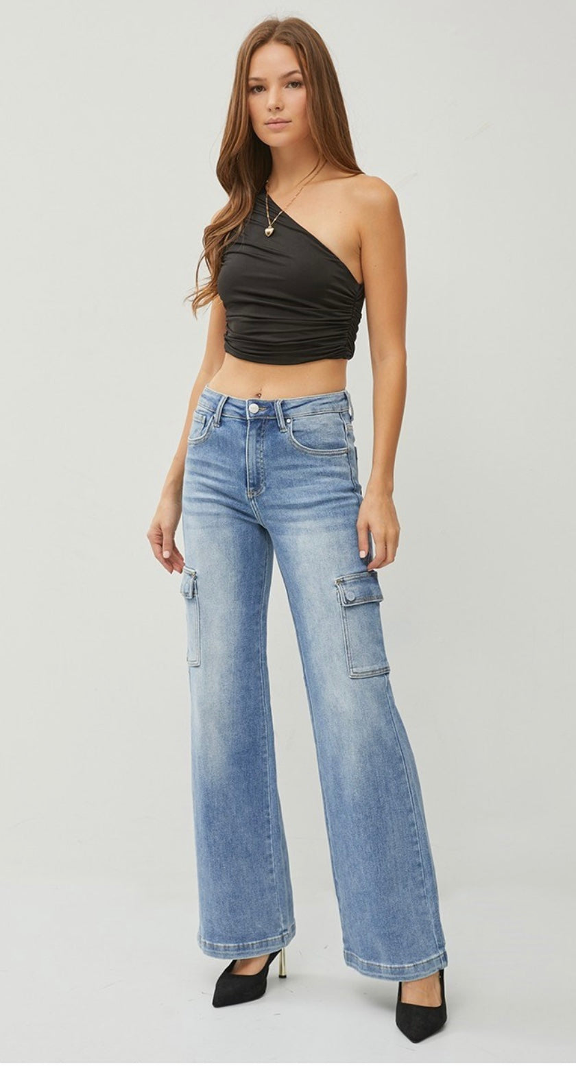 Extended Sizing High Rise Wide Cargo Jeans