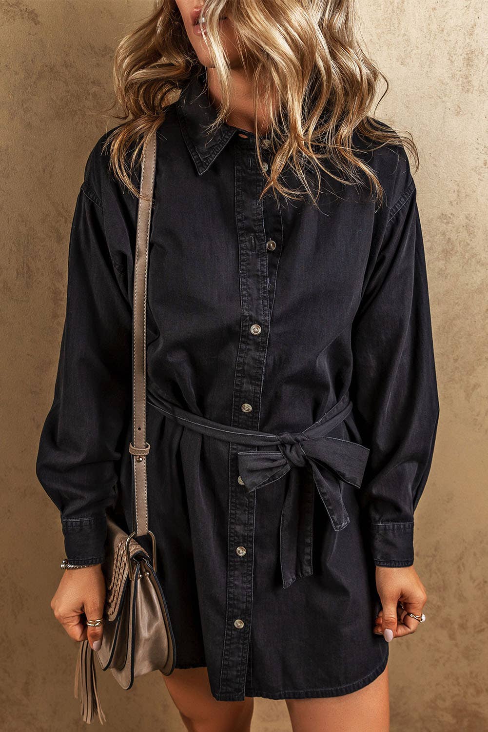 Button-Up Belted Denim Shirt Dress