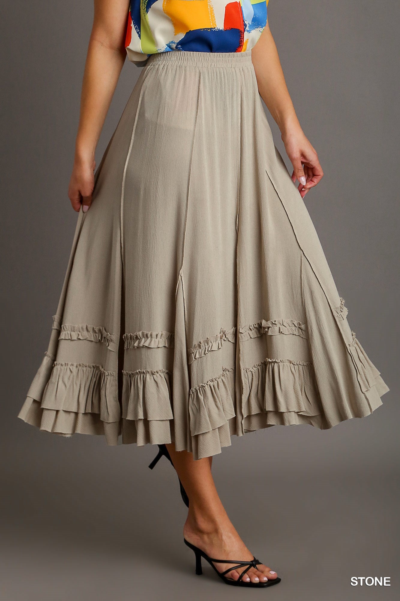 Rayon Elastic Waist Maxi Skirt with Cut Edges Details