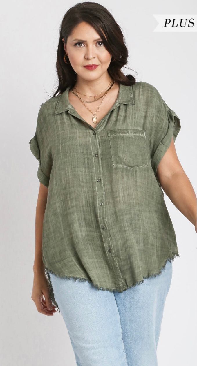 Washed Button Up Short Sleeve Top with Frayed Hemline Extended Size