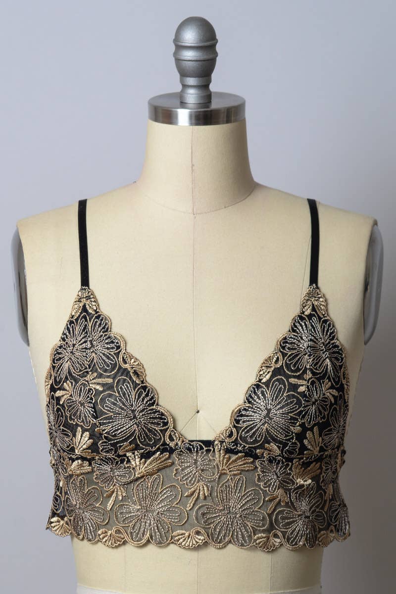 Golden Floral Lace Longline Bralette